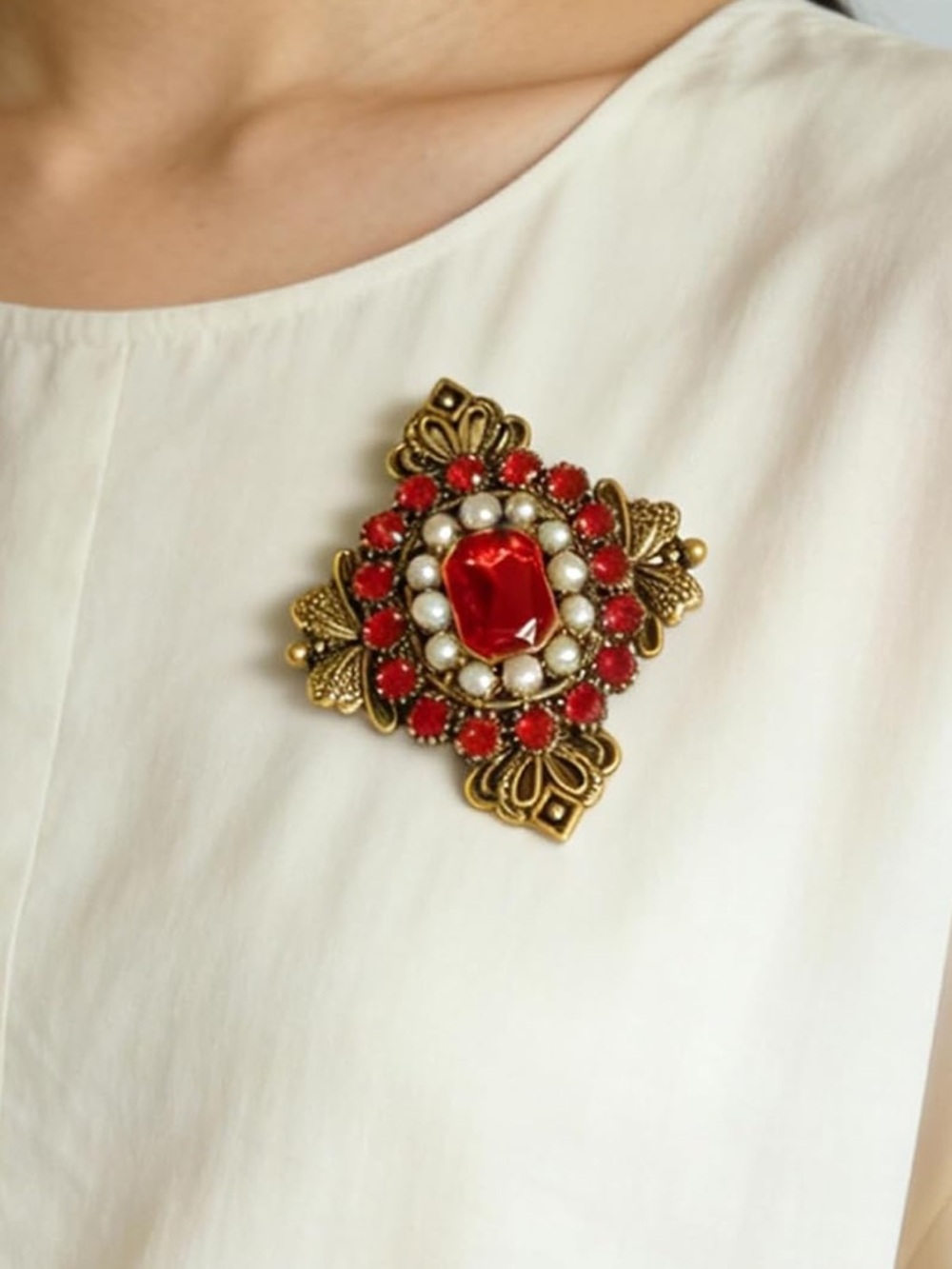 Anthropologie Gold-Tone Brooch with Red Crystals and Pearl Accents - Picture 4 of 5